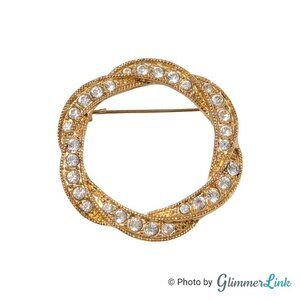 Vintage Roman Scalloped Rhinestone Wreath Textured Gold Tone Brooch Pin